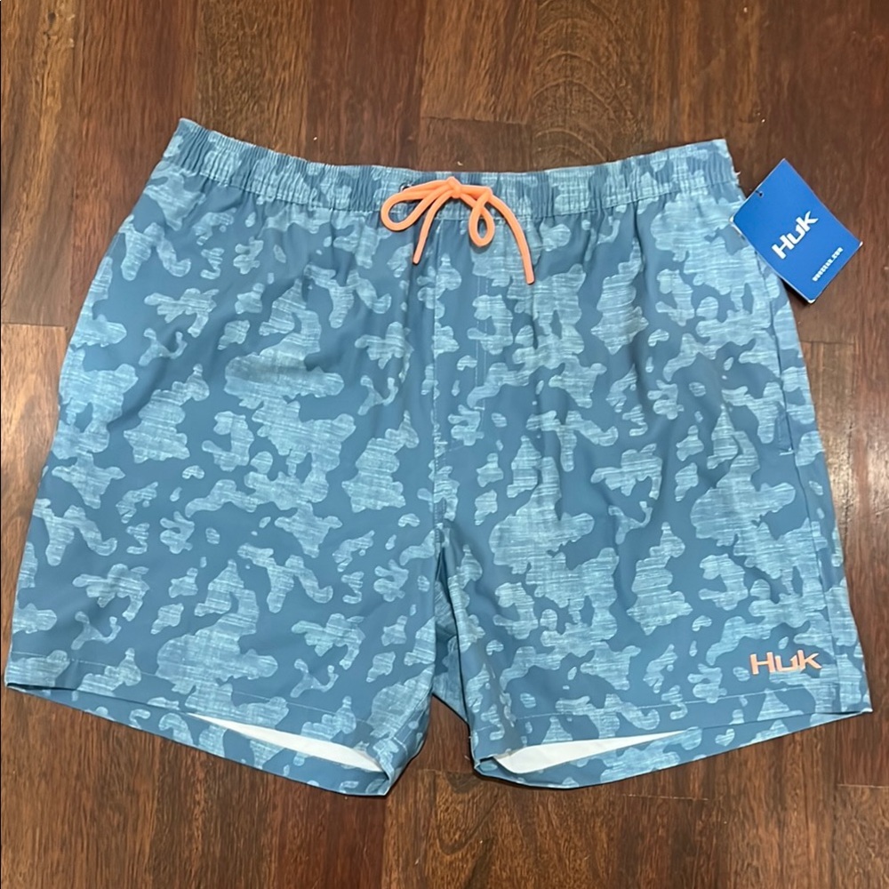 Huk Blue and Orange Swim Trunks with Camouflage Design
